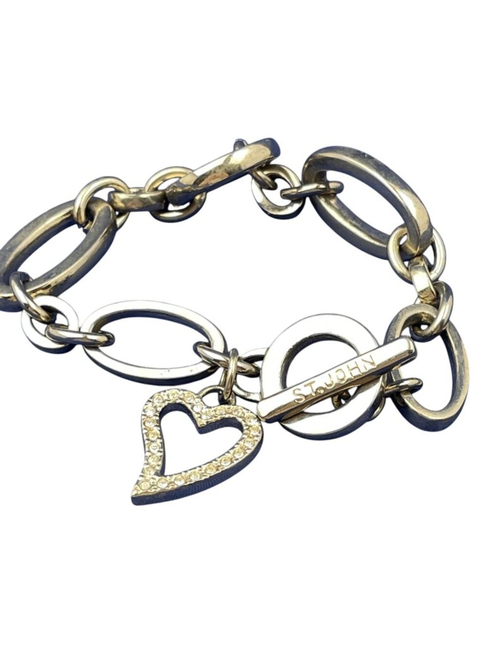 ST. JOHN Link Toggle Bracelet 8" Rhinestone Heart Charm Silver Tone Fashion